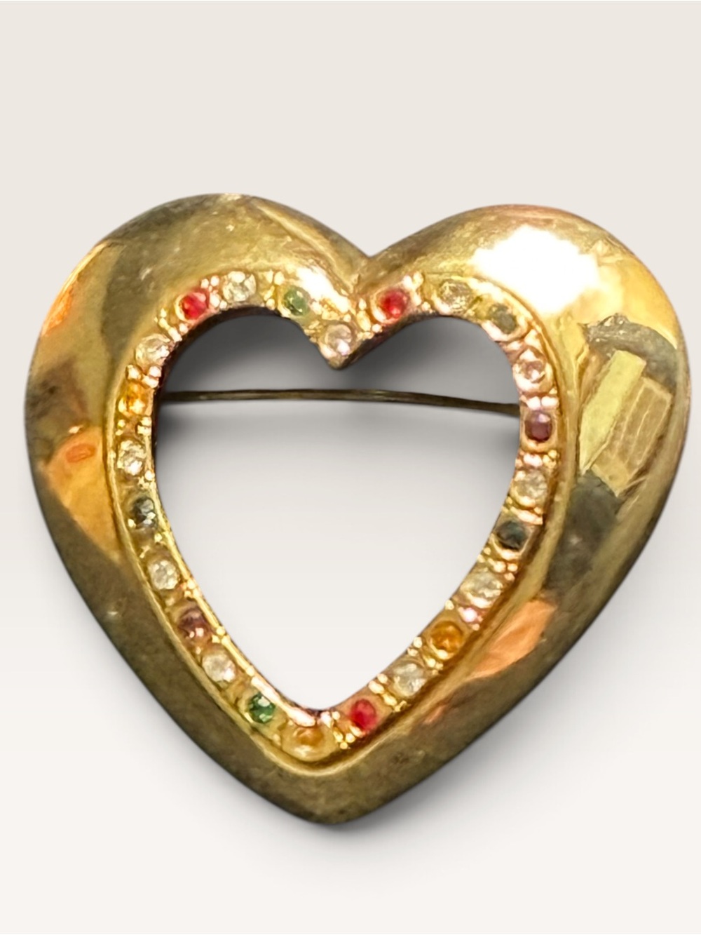 Gold Tone Heart Brooch with Multicolor Gem Accents